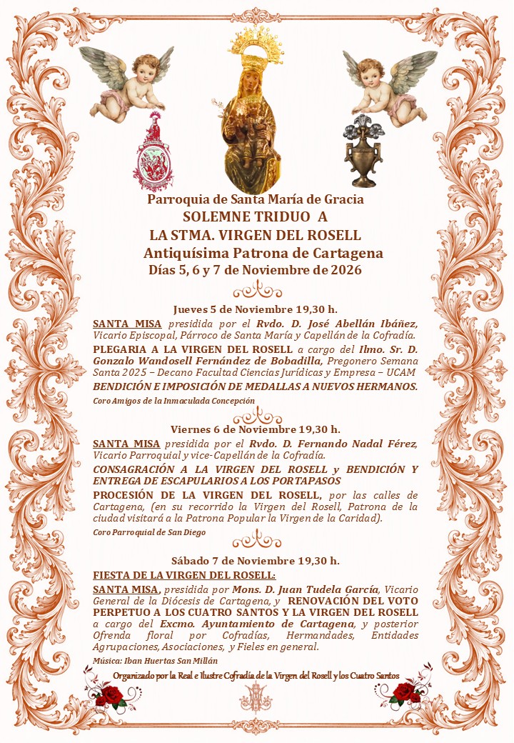 CARTEL TRIDUO A LA SANTÍSIMA VIRGEN DEL ROSELL Y FUNCION DEL VOTO POR EL EXCMO. AYTO. DE CARTAGENA